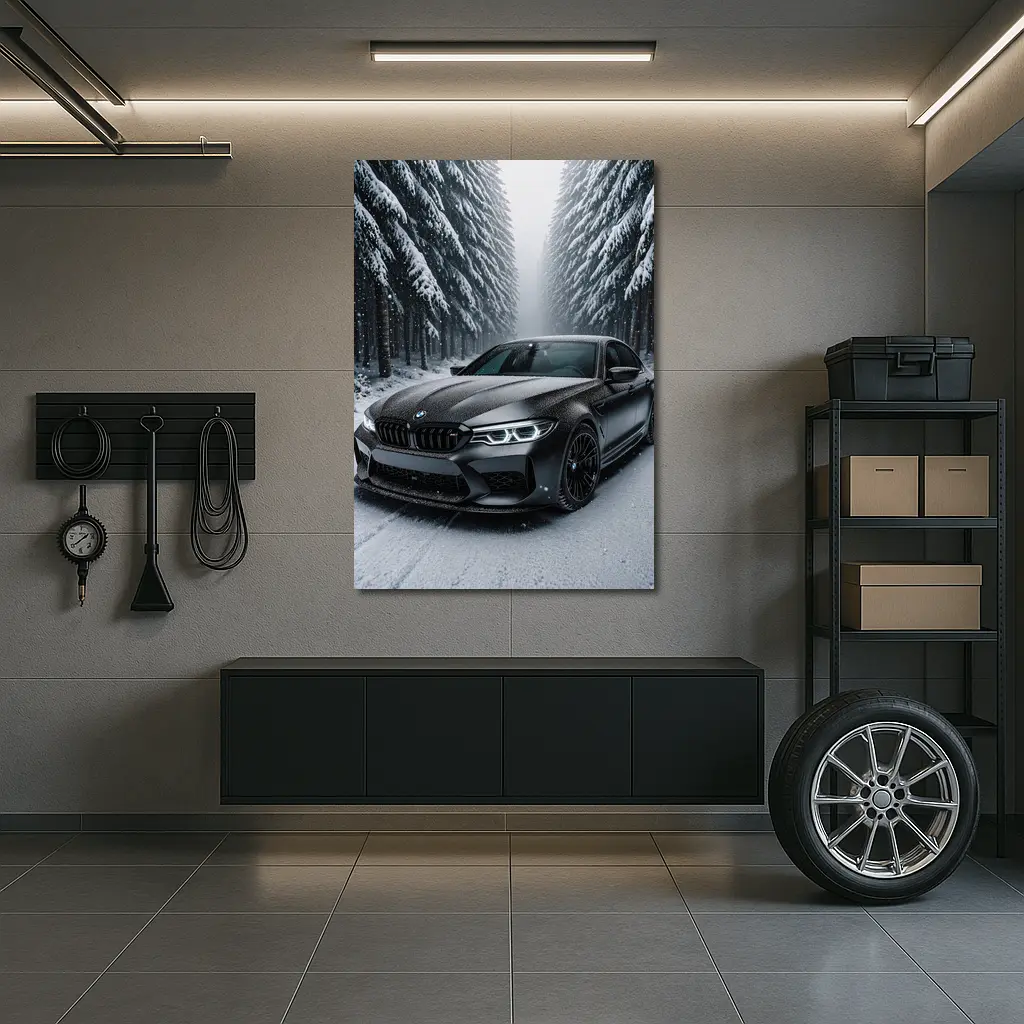BMW M5 Matte Black Snowy Forest Road – Wall Art
