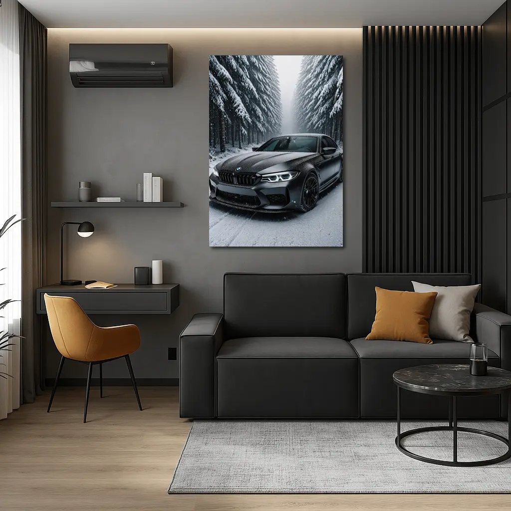 BMW M5 Matte Black Snowy Forest Road – Wall Art