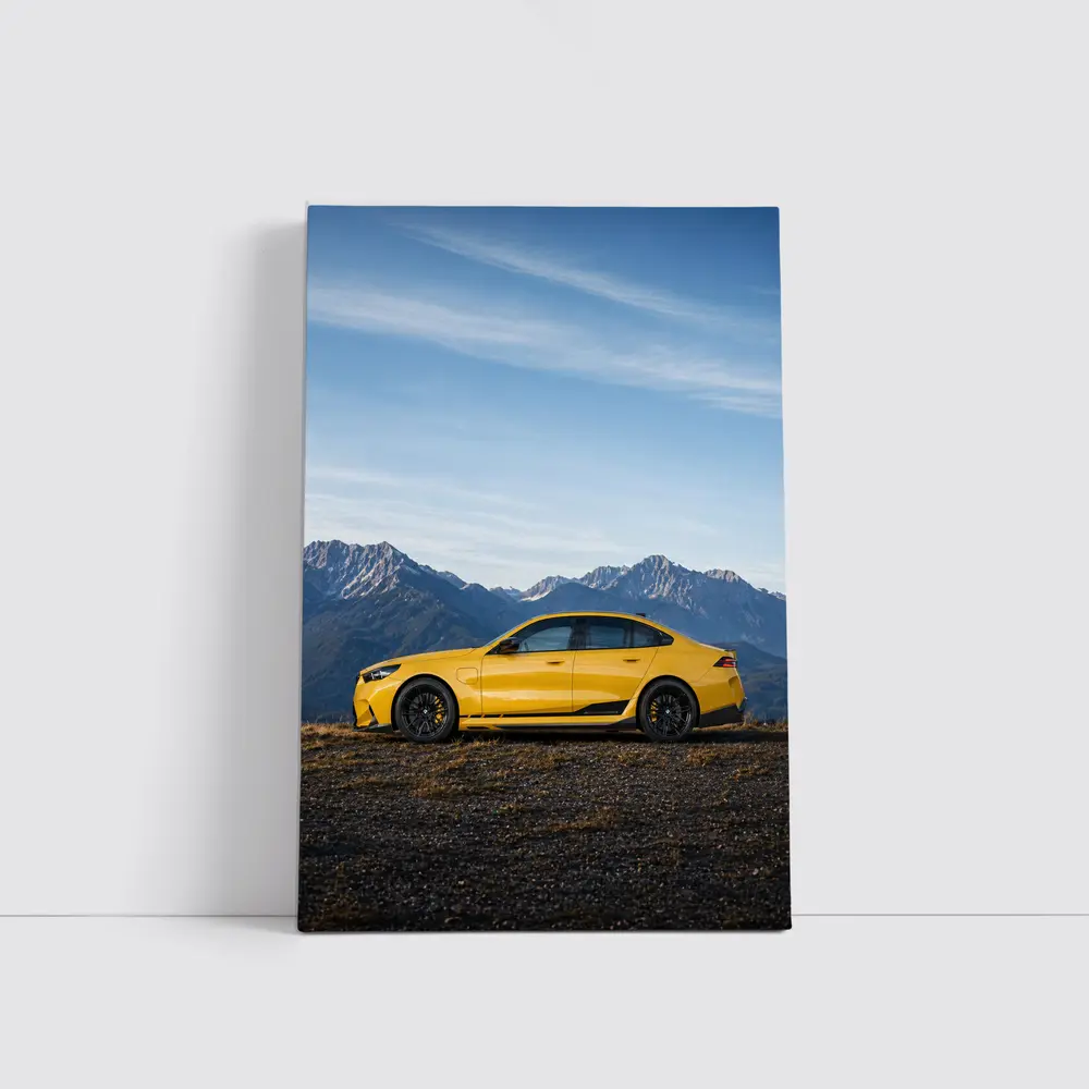 BMW M5 Yellow Sedan Mountain Backdrop – Wall Art