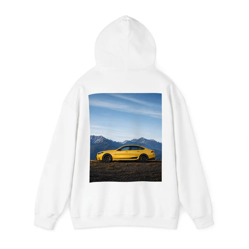 BMW M5 Yellow Sedan Mountain Backdrop – Hoodies