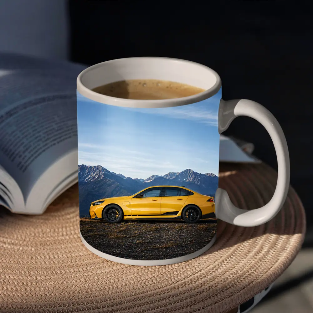 BMW M5 Yellow Sedan Mountain Backdrop – Mugs