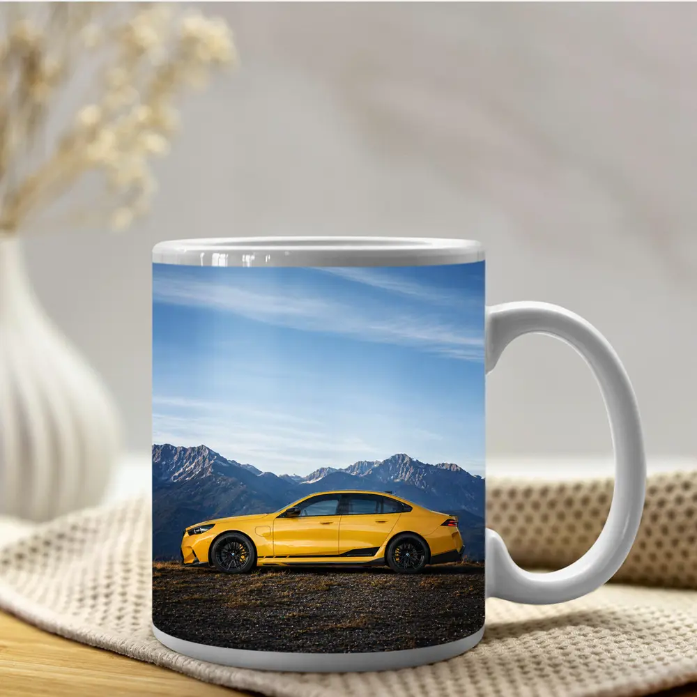 BMW M5 Yellow Sedan Mountain Backdrop – Mugs