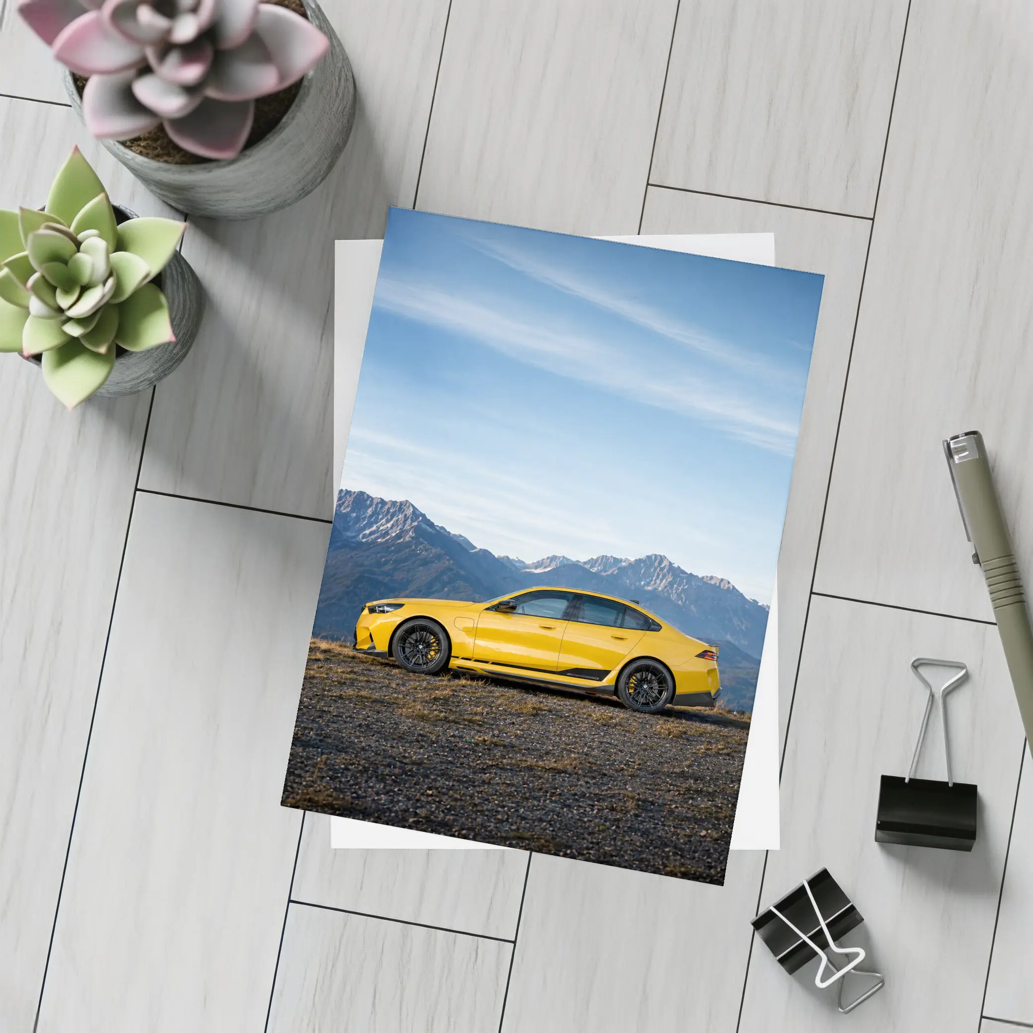 BMW M5 Yellow Sedan Mountain Backdrop – Postcards