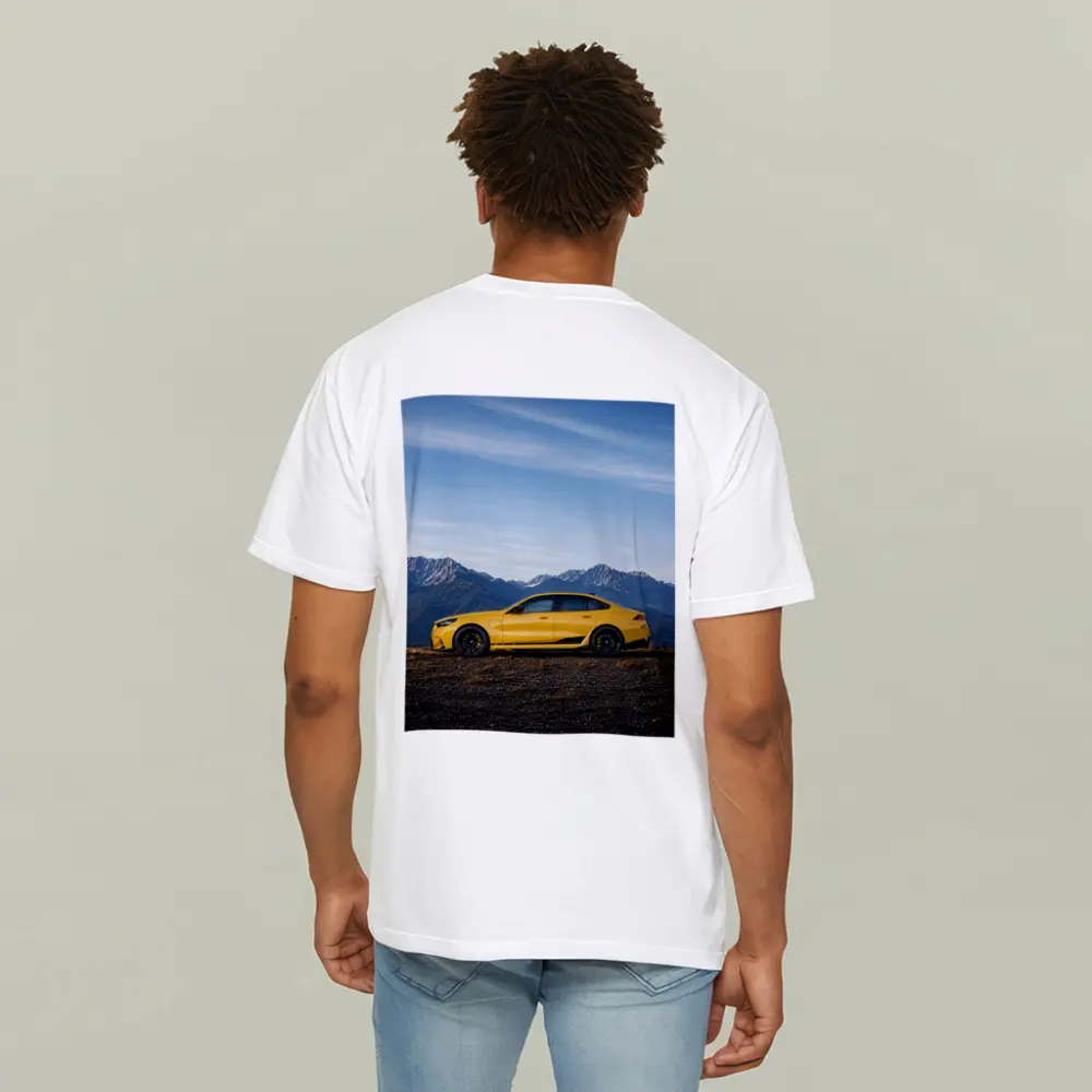 BMW M5 Yellow Sedan Mountain Backdrop – T-Shirts