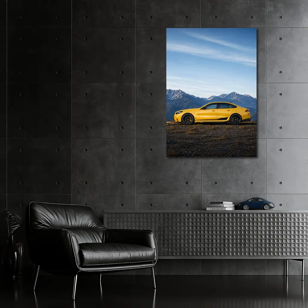 BMW M5 Yellow Sedan Mountain Backdrop – Wall Art