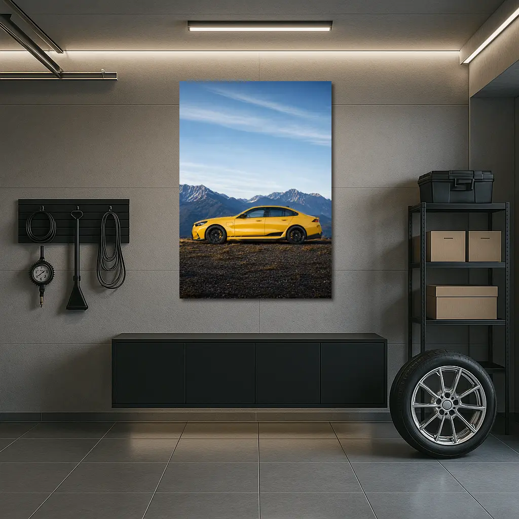 BMW M5 Yellow Sedan Mountain Backdrop – Wall Art