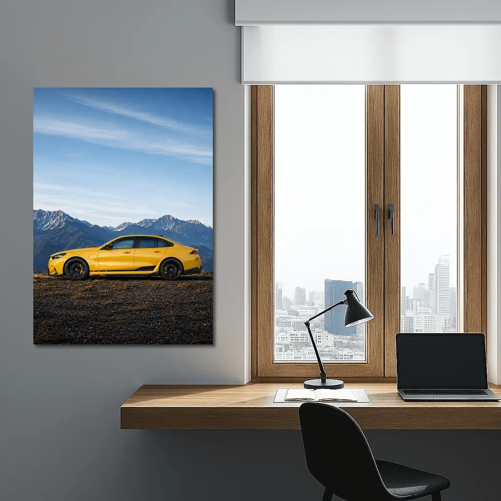 BMW M5 Yellow Sedan Mountain Backdrop – Wall Art
