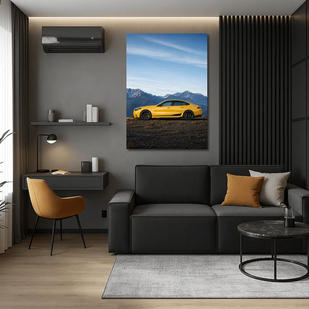 BMW M5 Yellow Sedan Mountain Backdrop – Wall Art
