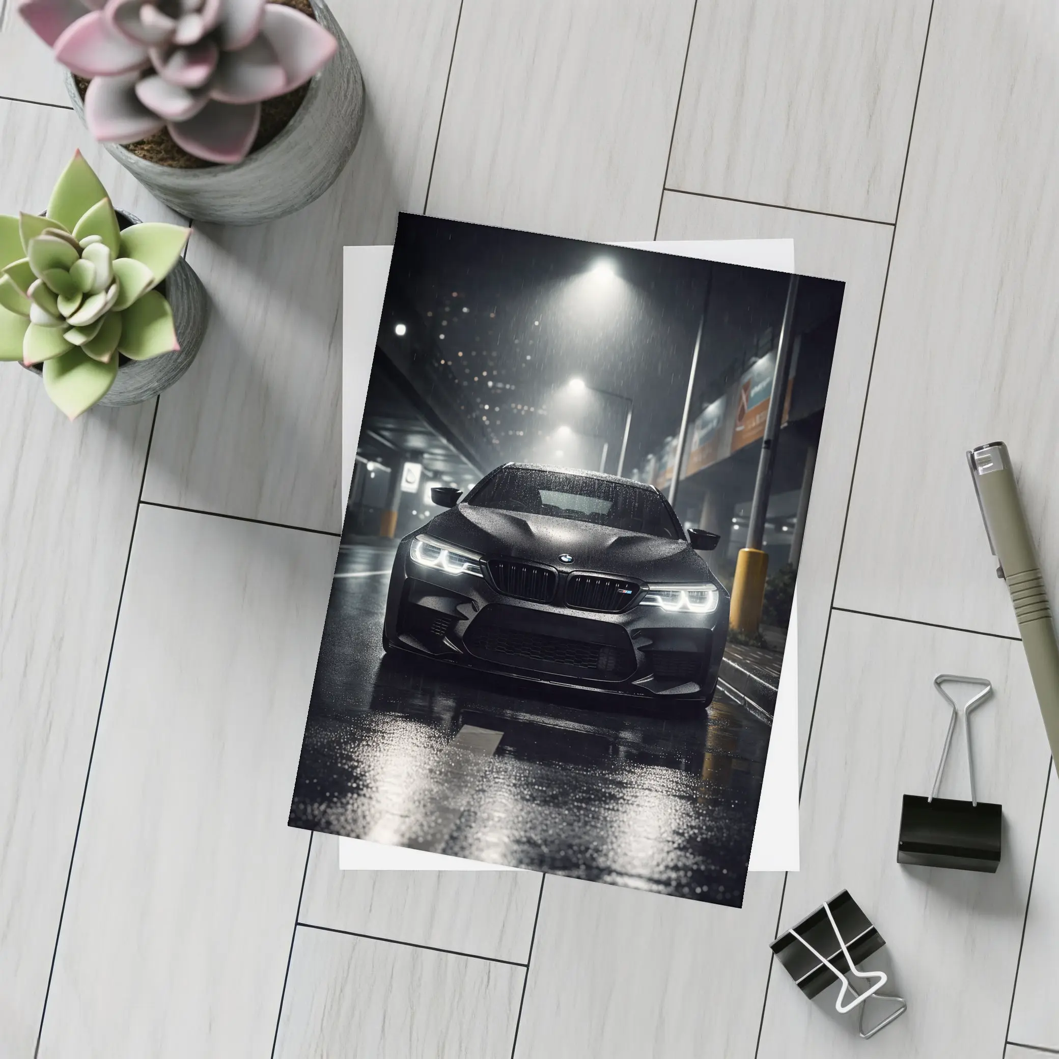 BMW M5 Black Front Rain Night Street – Postcards