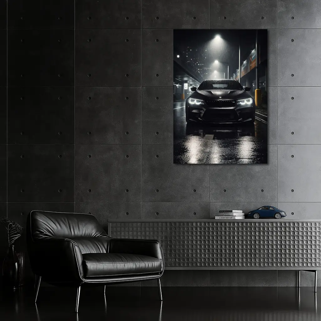 BMW M5 Black Front Rain Night Street – Wall Art