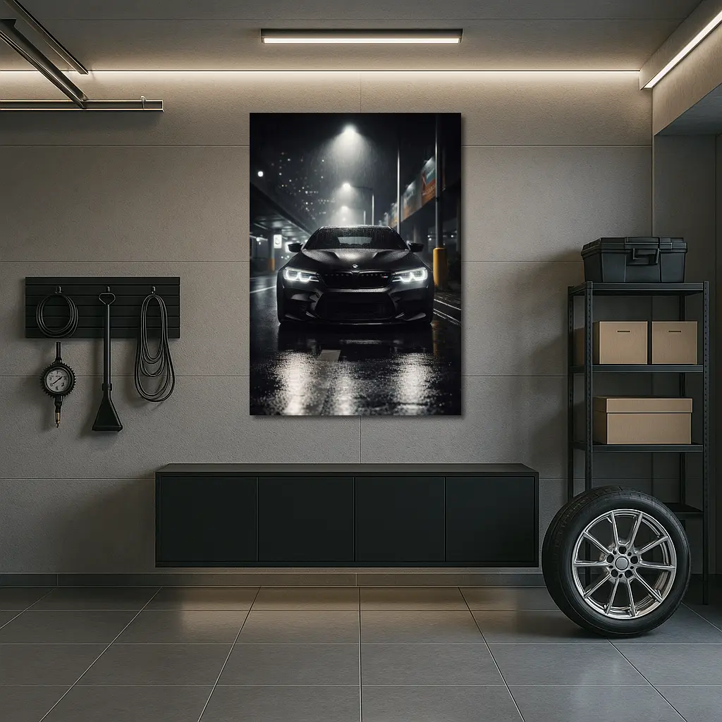 BMW M5 Black Front Rain Night Street – Wall Art