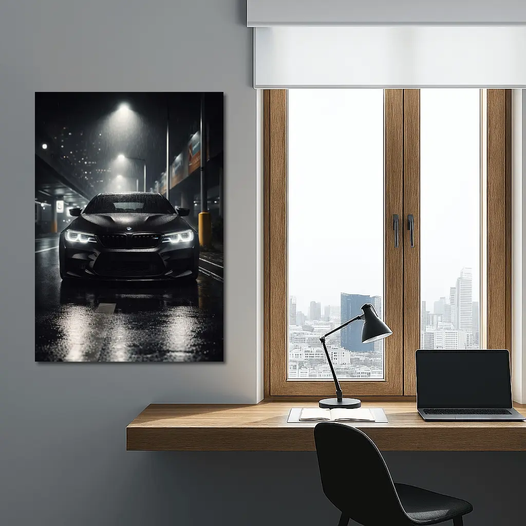 BMW M5 Black Front Rain Night Street – Wall Art