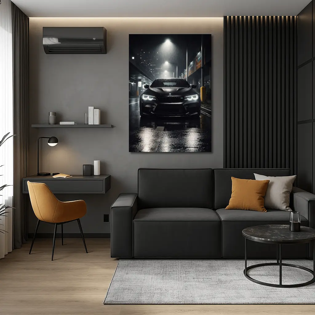 BMW M5 Black Front Rain Night Street – Wall Art