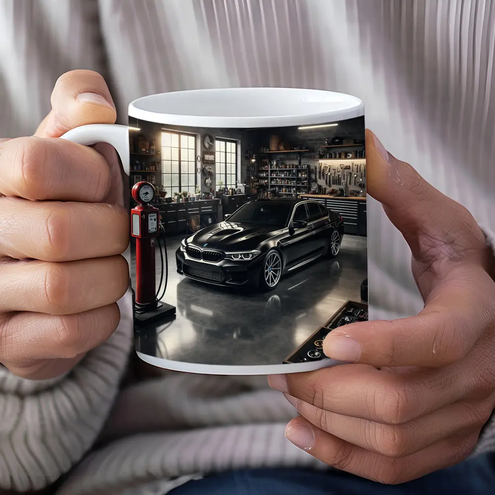 BMW M5 Black Sedan in Vintage Garage – Mugs