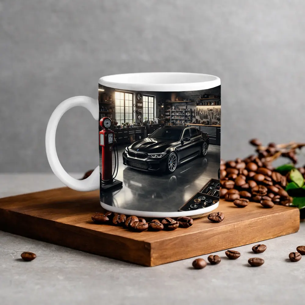 BMW M5 Black Sedan in Vintage Garage – Mugs