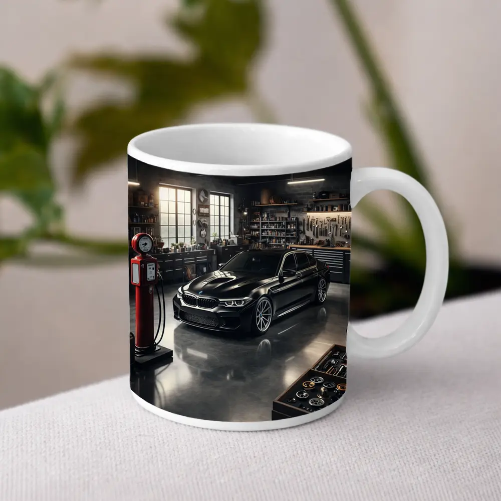 BMW M5 Black Sedan in Vintage Garage – Mugs