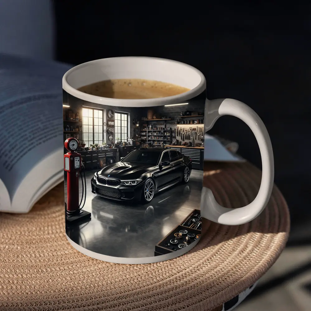 BMW M5 Black Sedan in Vintage Garage – Mugs