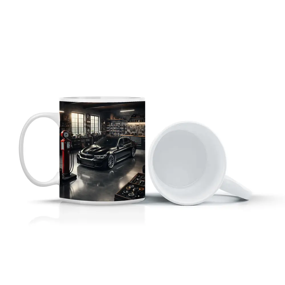 BMW M5 Black Sedan in Vintage Garage – Mugs