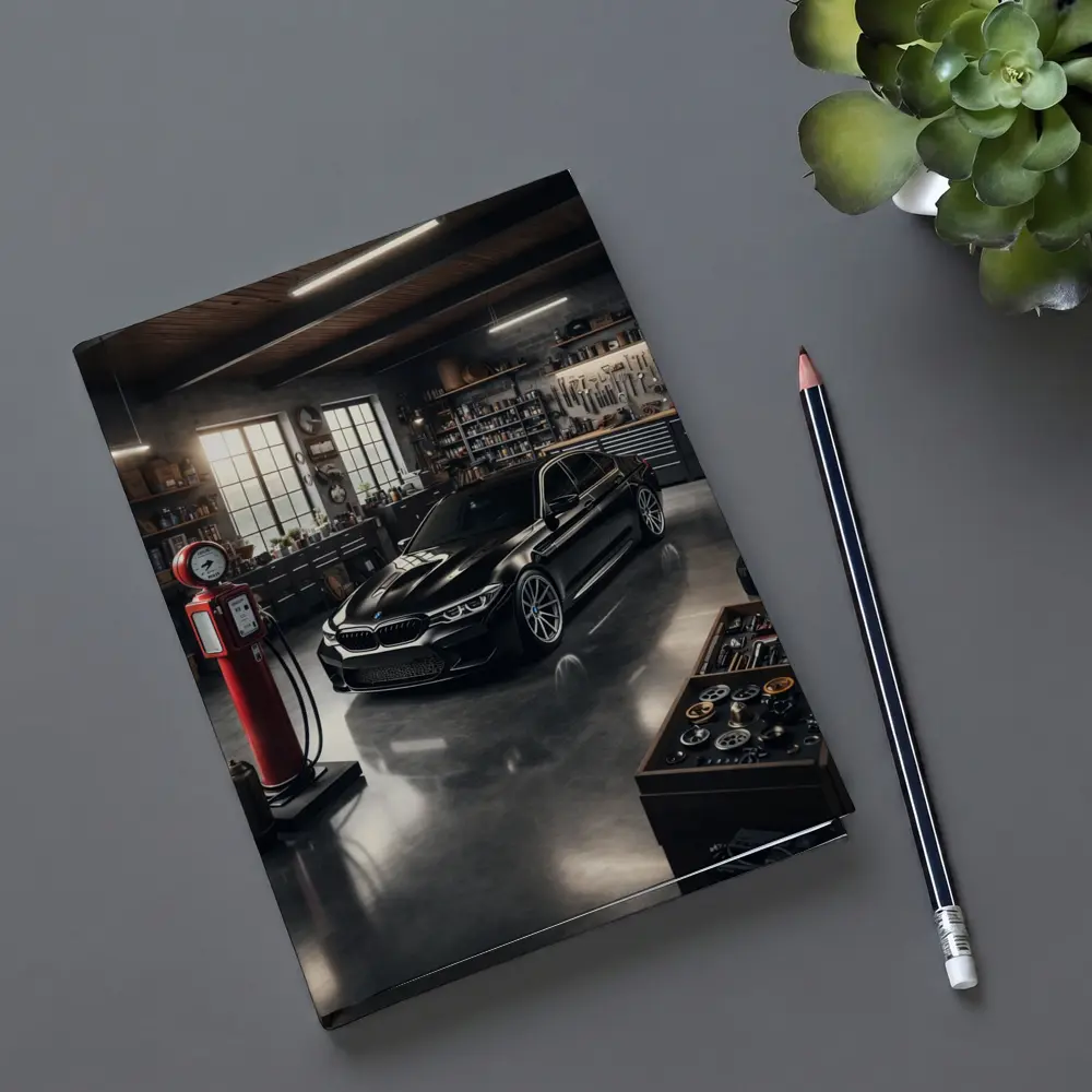 BMW M5 Black Sedan in Vintage Garage – Notebooks