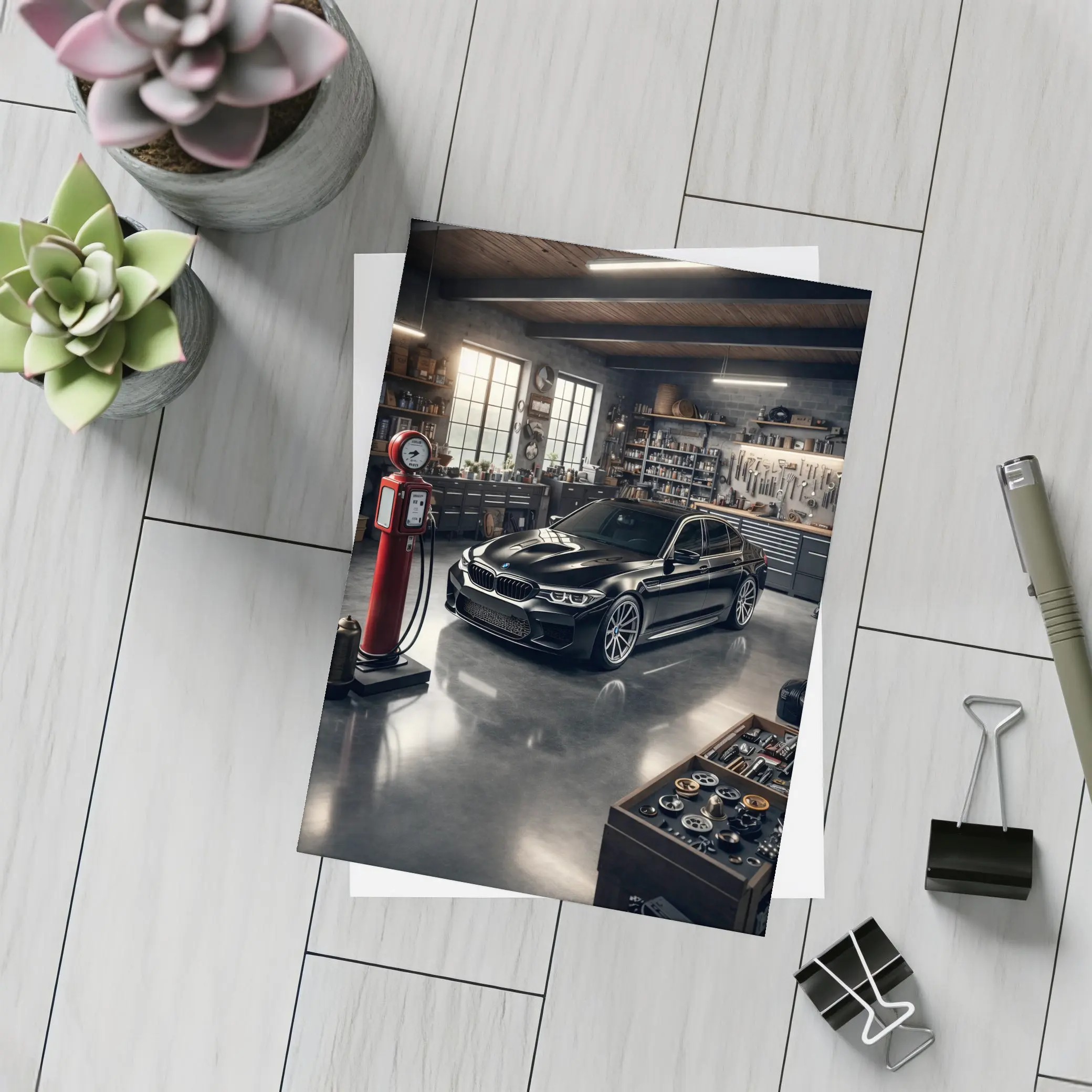 BMW M5 Black Sedan in Vintage Garage – Postcards