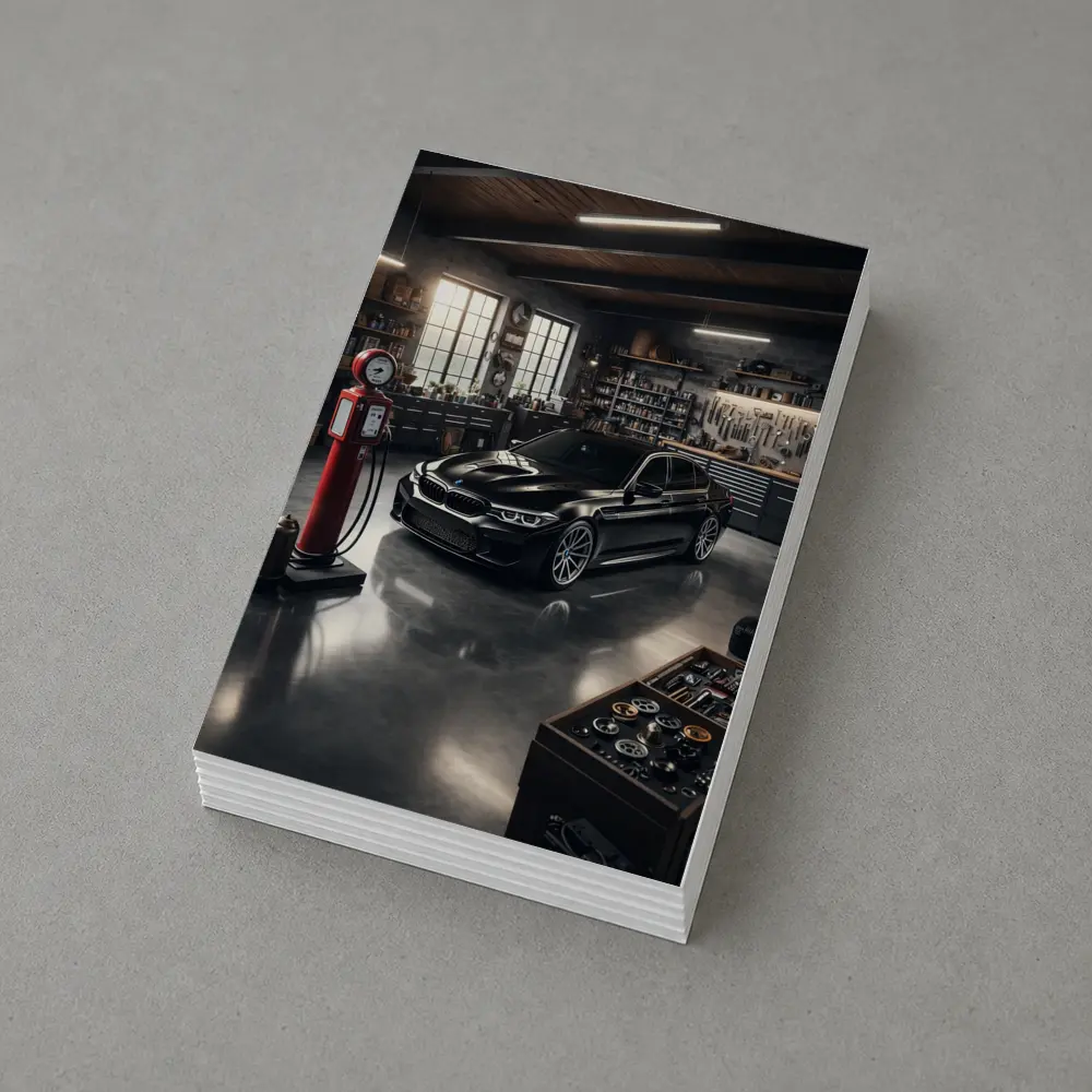 BMW M5 Black Sedan in Vintage Garage – Postcards