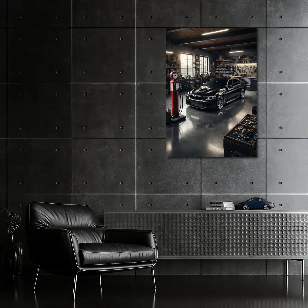 BMW M5 Black Sedan in Vintage Garage – Wall Art