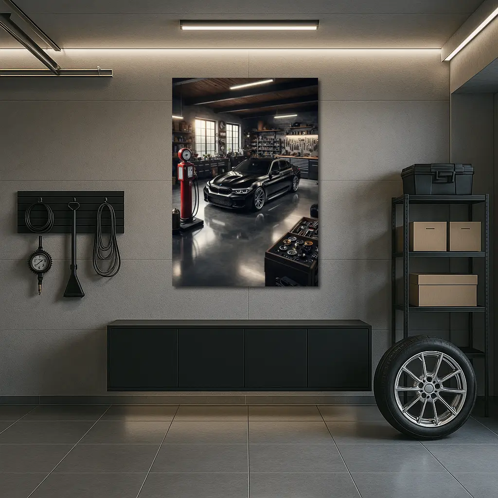 BMW M5 Black Sedan in Vintage Garage – Wall Art