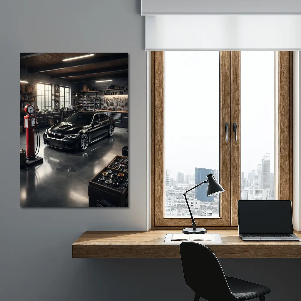 BMW M5 Black Sedan in Vintage Garage – Wall Art