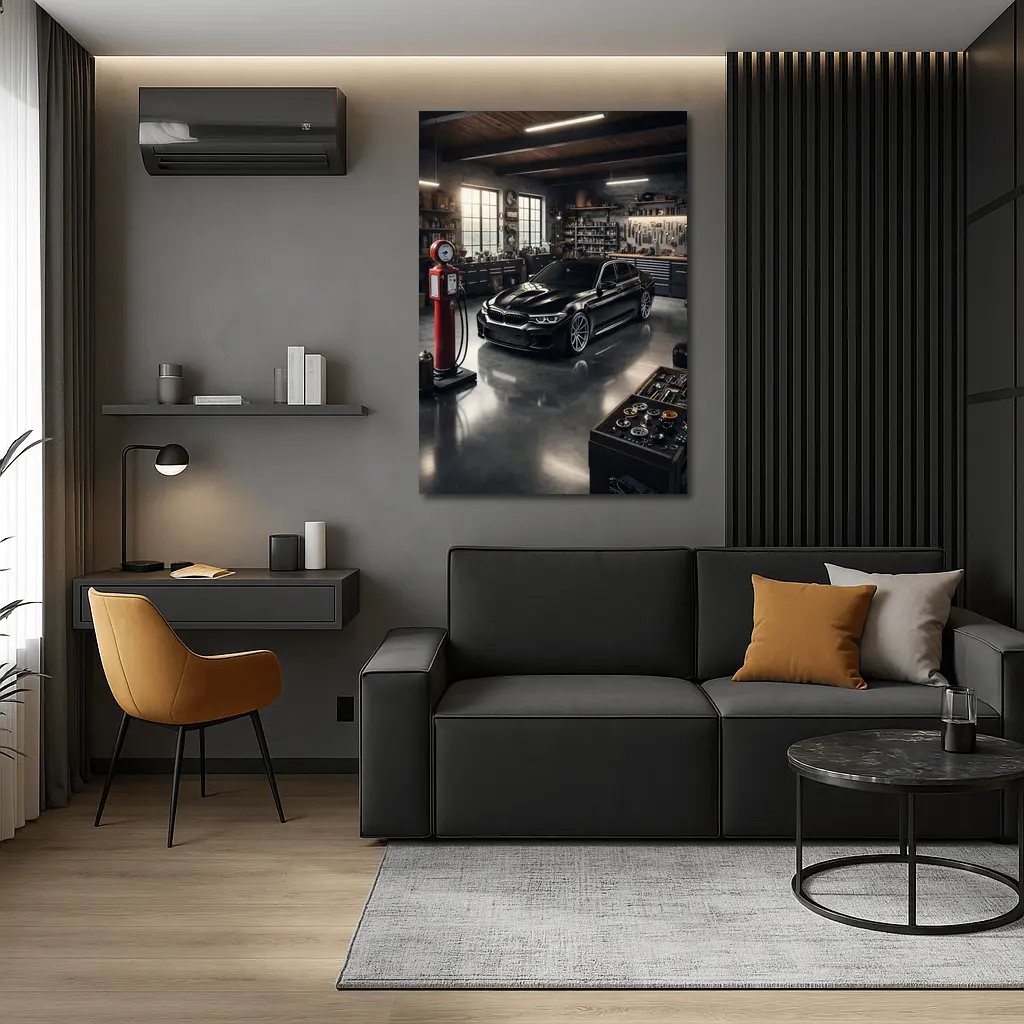 BMW M5 Black Sedan in Vintage Garage – Wall Art