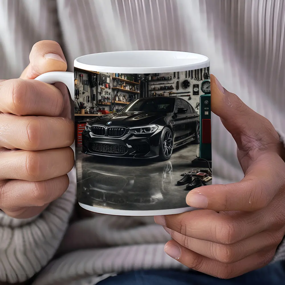 BMW M5 Black Sedan Inside Garage – Mugs