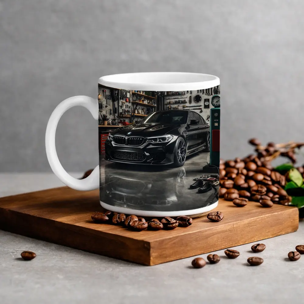 BMW M5 Black Sedan Inside Garage – Mugs