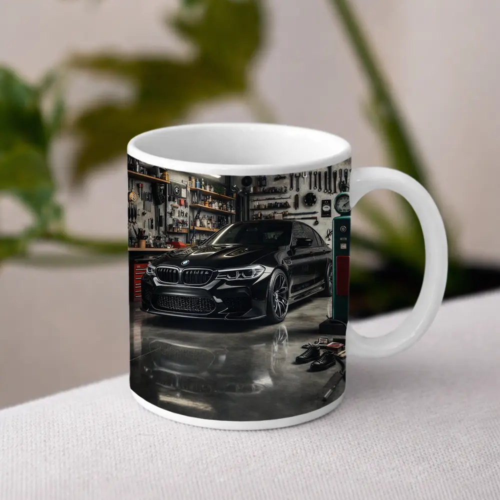 BMW M5 Black Sedan Inside Garage – Mugs