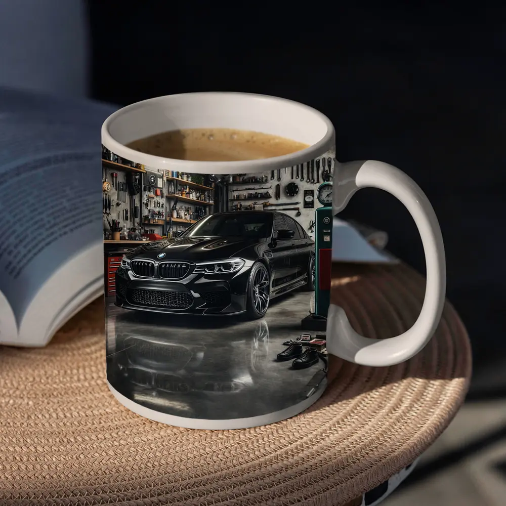 BMW M5 Black Sedan Inside Garage – Mugs