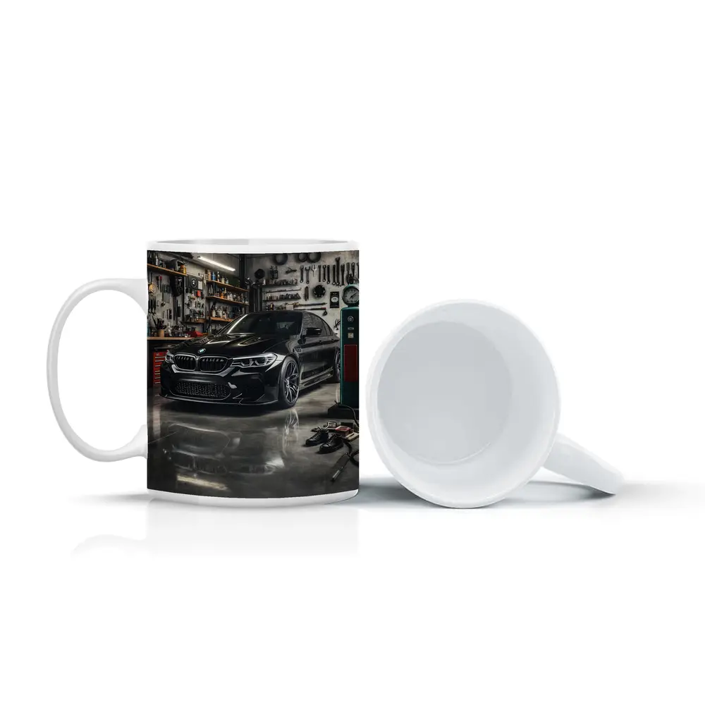 BMW M5 Black Sedan Inside Garage – Mugs