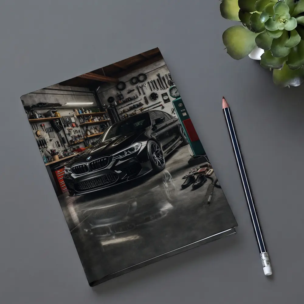 BMW M5 Black Sedan Inside Garage – Notebooks