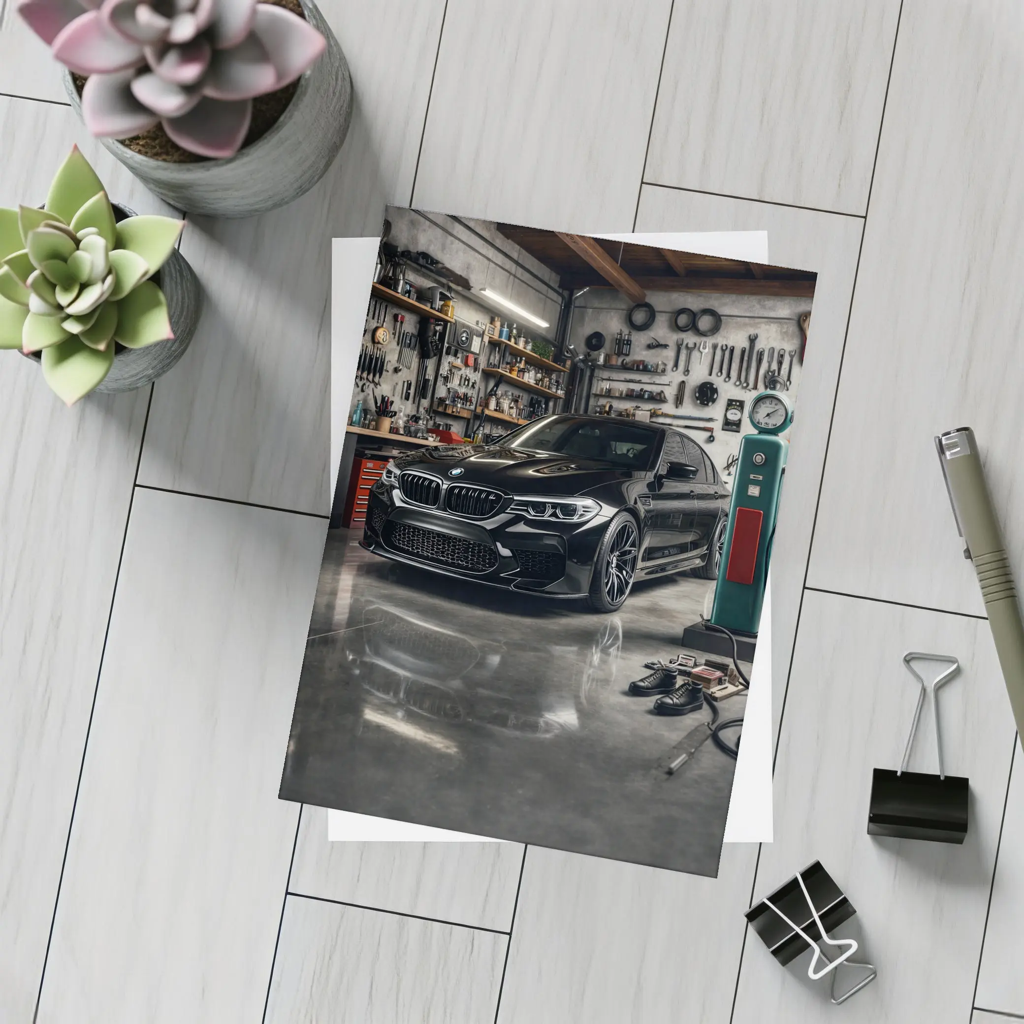 BMW M5 Black Sedan Inside Garage – Postcards