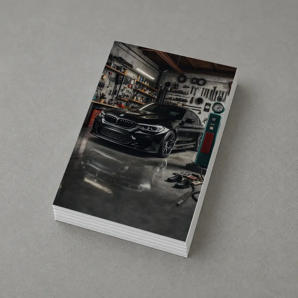 BMW M5 Black Sedan Inside Garage – Postcards