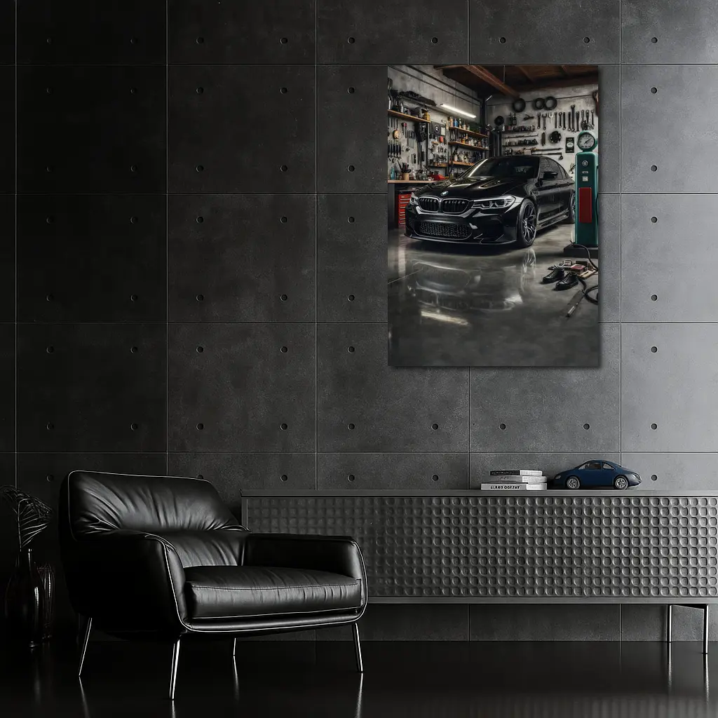 BMW M5 Black Sedan Inside Garage – Wall Art