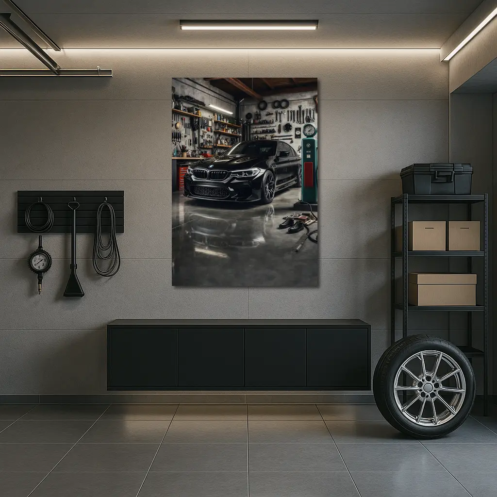 BMW M5 Black Sedan Inside Garage – Wall Art