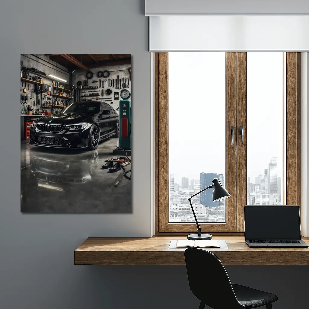 BMW M5 Black Sedan Inside Garage – Wall Art