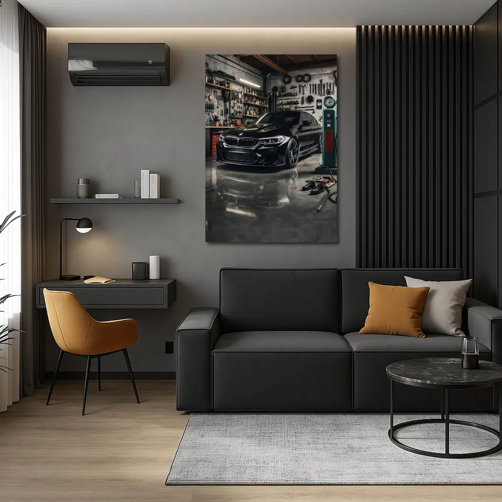 BMW M5 Black Sedan Inside Garage – Wall Art