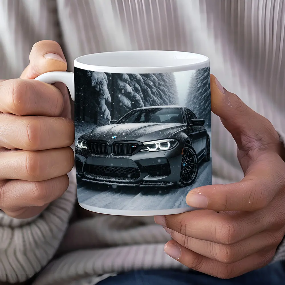 BMW M5 Driving Through Snowy Forest Road – Mugs