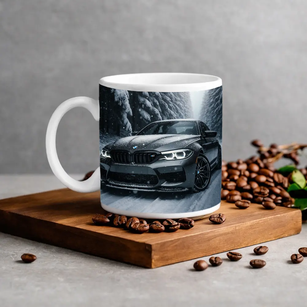 BMW M5 Driving Through Snowy Forest Road – Mugs
