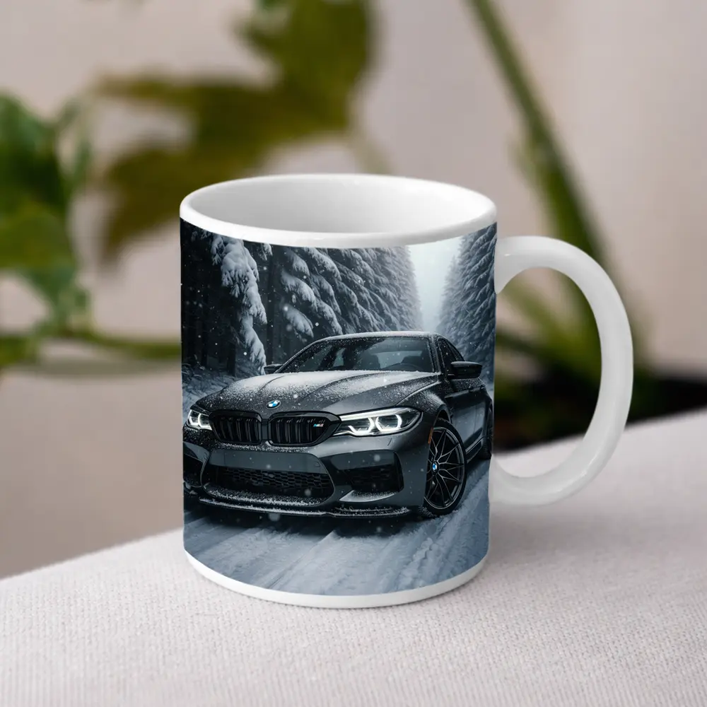 BMW M5 Driving Through Snowy Forest Road – Mugs