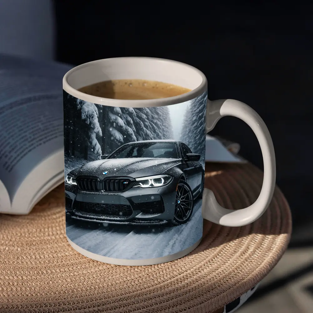 BMW M5 Driving Through Snowy Forest Road – Mugs