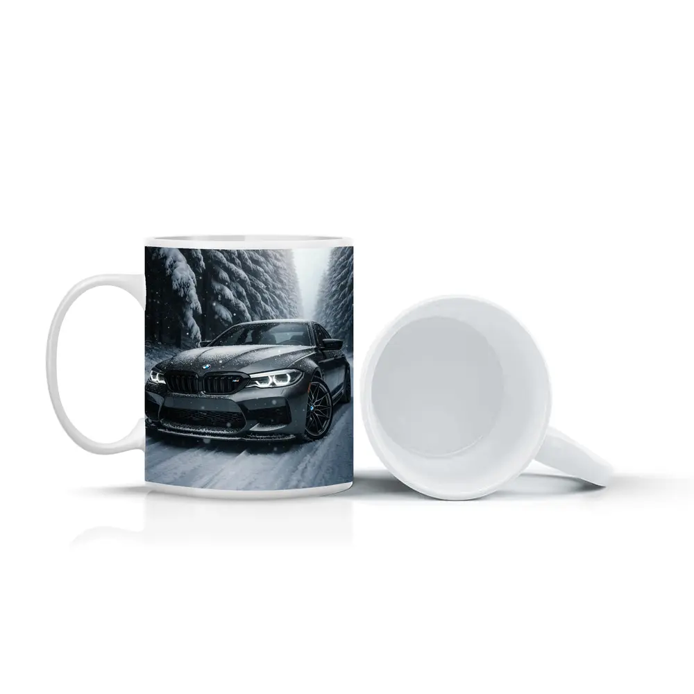 BMW M5 Driving Through Snowy Forest Road – Mugs