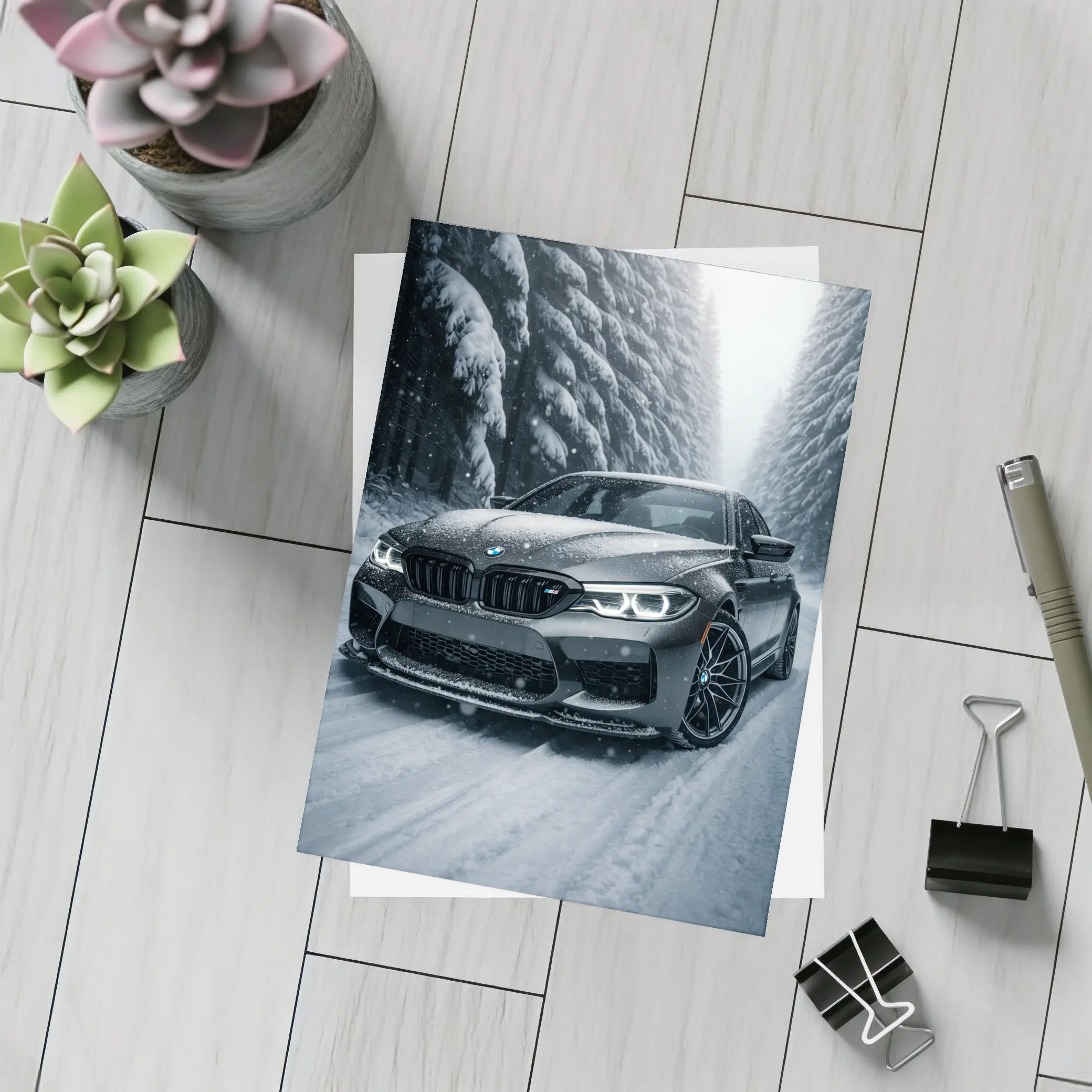 BMW M5 Driving Through Snowy Forest Road – Postcards