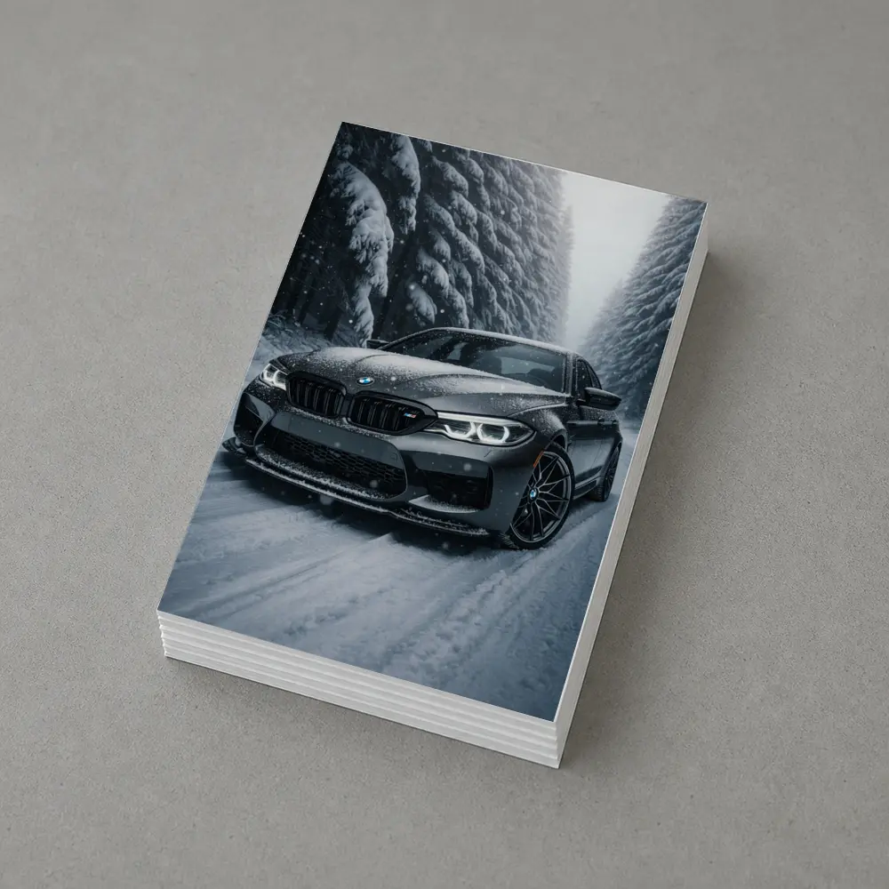 BMW M5 Driving Through Snowy Forest Road – Postcards