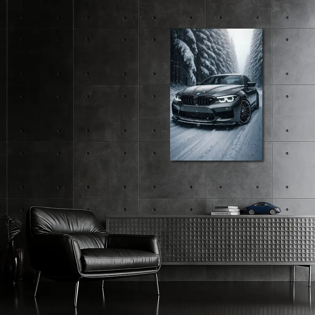BMW M5 Driving Through Snowy Forest Road – Wall Art