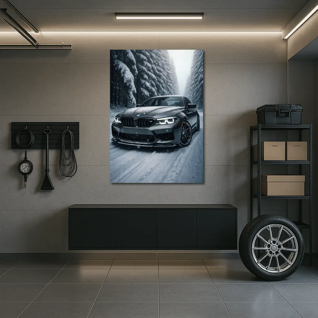 BMW M5 Driving Through Snowy Forest Road – Wall Art